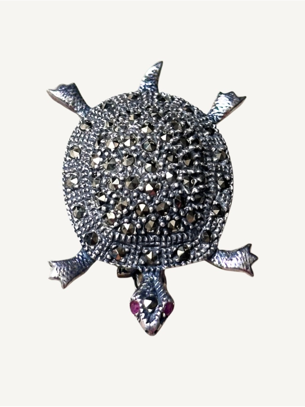 Natural Ruby 925 Sterling Turtle Brooch with Marcasite